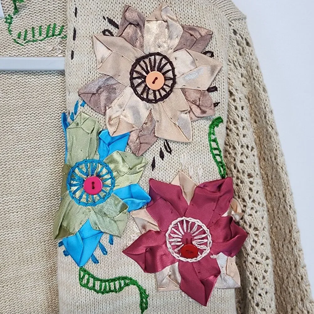 Storybook Knits Cardigan Sweater Size M Beige Crochet Fringe Granny Vintage